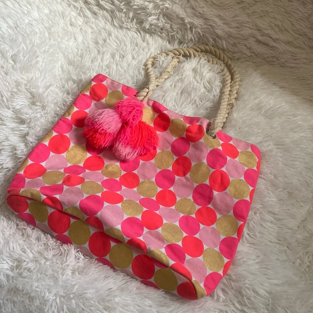 Girls Tote Bag | Summer Pool Beach Bag Book Bag Rope handle polkadots & tassel
